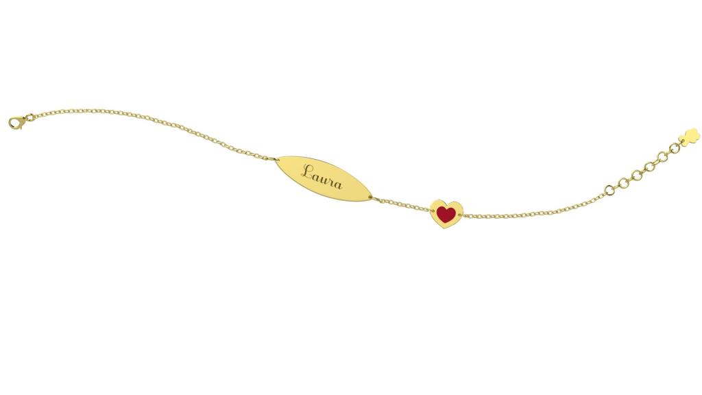 BRACCIALE CON TARGHETTA E CUORE ROSSO PERSONALIZZABILE IN ORO - NANAN