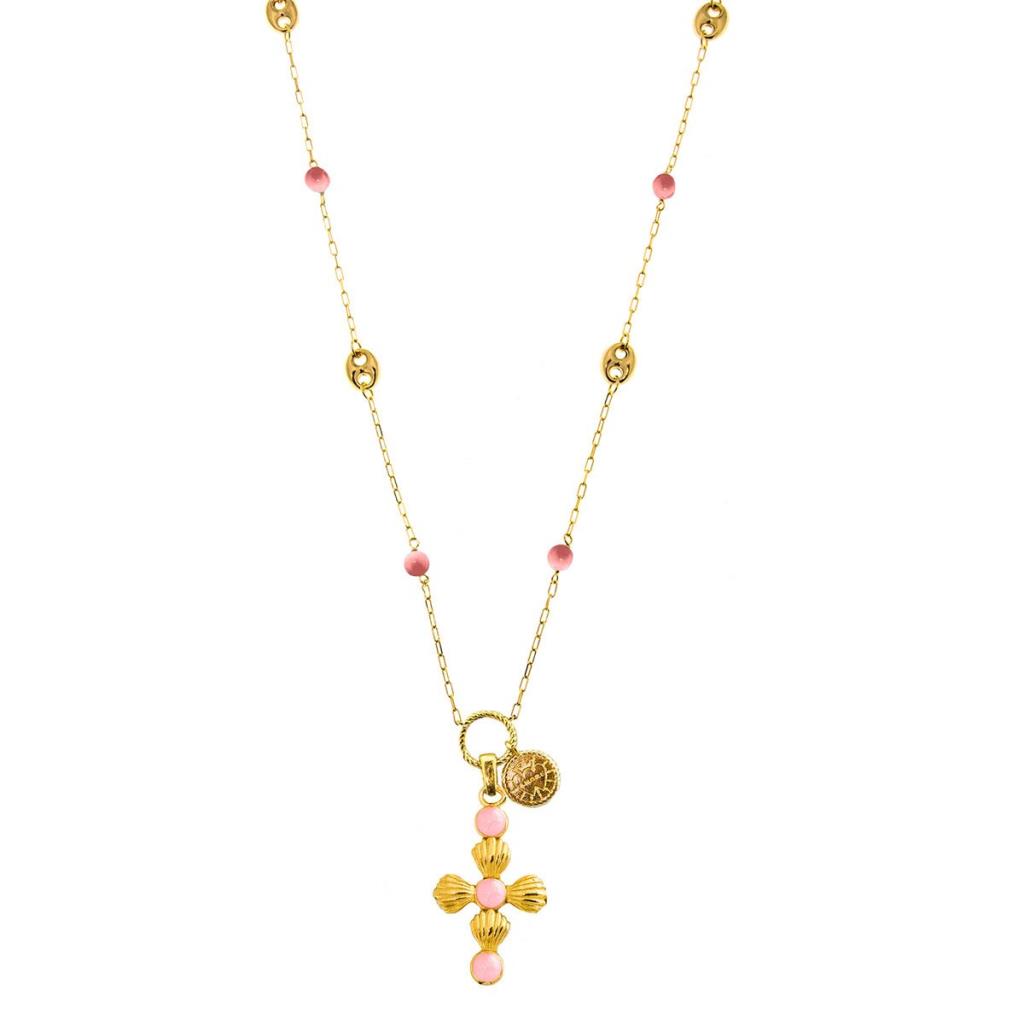 COLLANA CIONDOLO CROCE E INSERTI SMALTO ROSA - RUE DES MILLE