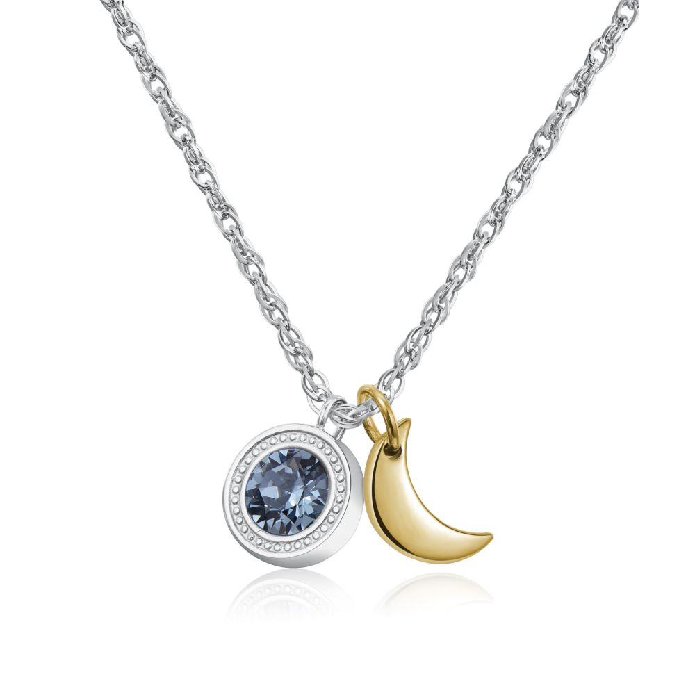 COLLANA IN ACCIAIO E PDV ORO CON LUNA E SWAROVSKI AZZURRO - S