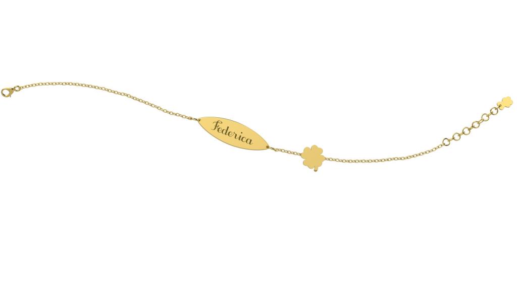 BRACCIALE CON TARGHETTA E QUADRIFOGLIO PERSONALIZZABILE IN ORO - NANAN