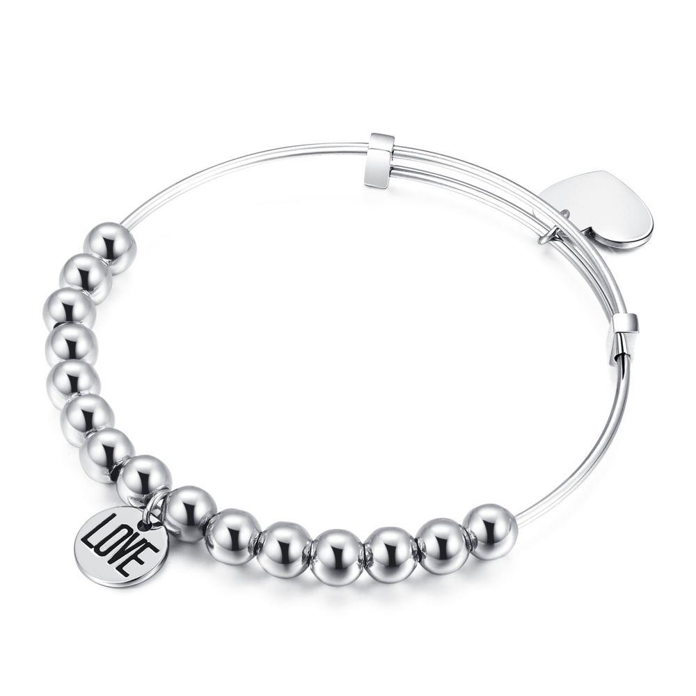 BRACCIALE RIGIDO  CON BUOLE ARGENTATE CUORE E TARGHETTA "LOVE" - S