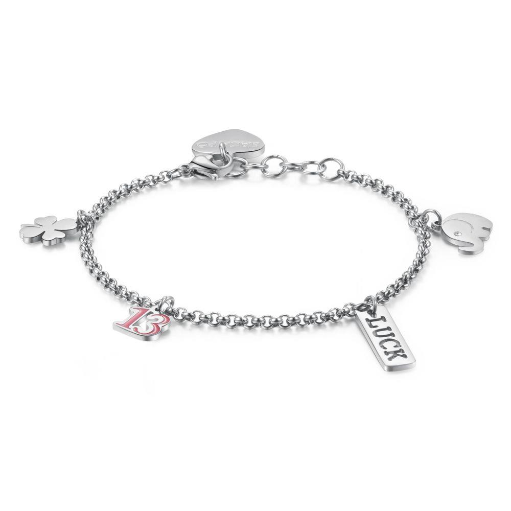 BRACCIALE IN ACCIAIO CON CHARMS, CRISTALLI BIANCHI E SMALTO ROSSO - S