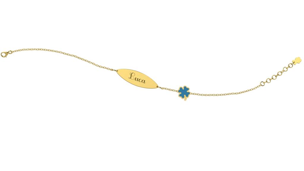 BRACCIALE CON TARGHETTA E QUADRIFOGLIO AZZURRO PERSONALIZZABILE IN ORO - NANAN