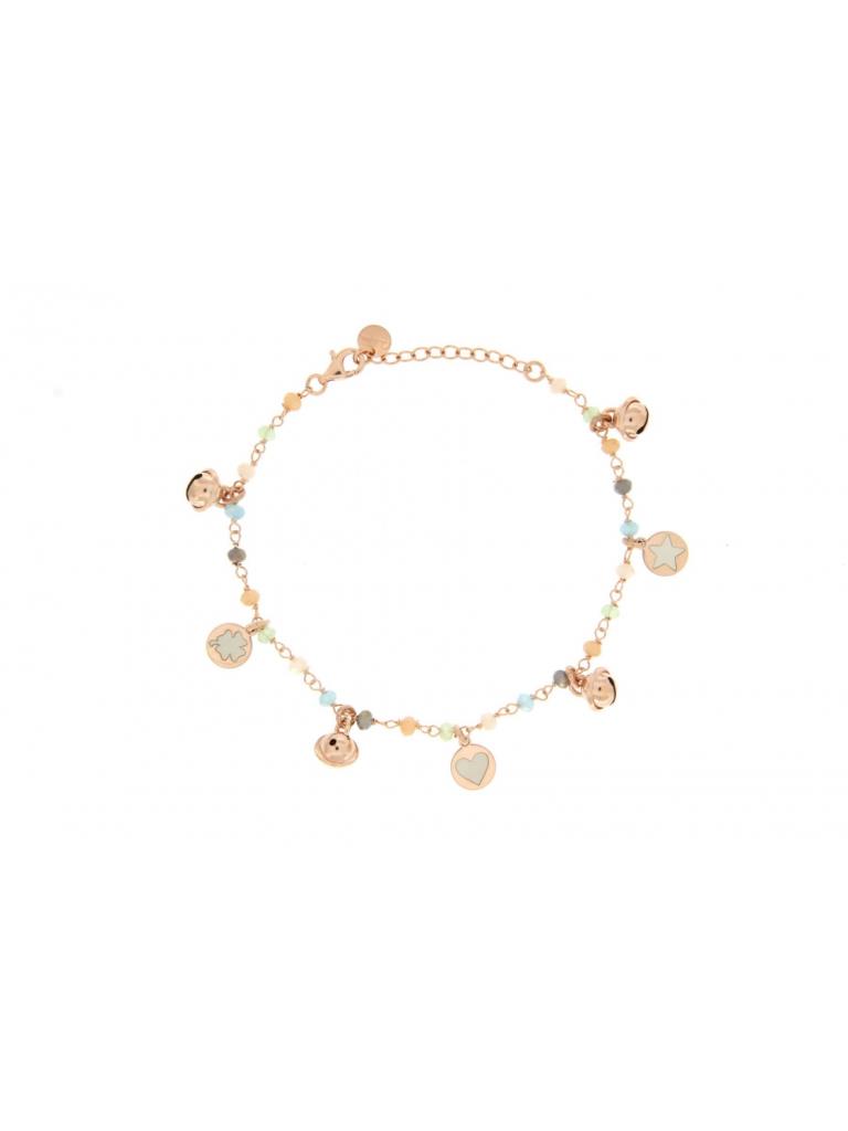 BRACCIALE INCATENATO PIETRE MISTE PASTELLO 3 MEDAGLIE E 4 CAMPANELLI - RUE DES MILLE