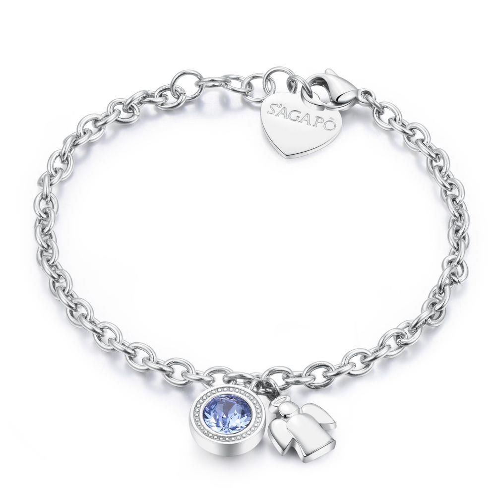 BRACCIALE IN ACCIAIO CON ANGIOLETTO E CRISTALLO AZZURRO - S