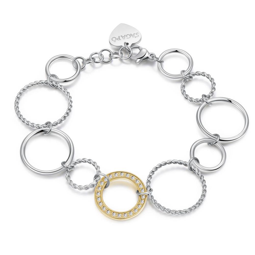 BRACCIALE SIRKEL CON CERCHI IN ACCIAIO E PDV ORO E CRISTALLI BIANCHI - S