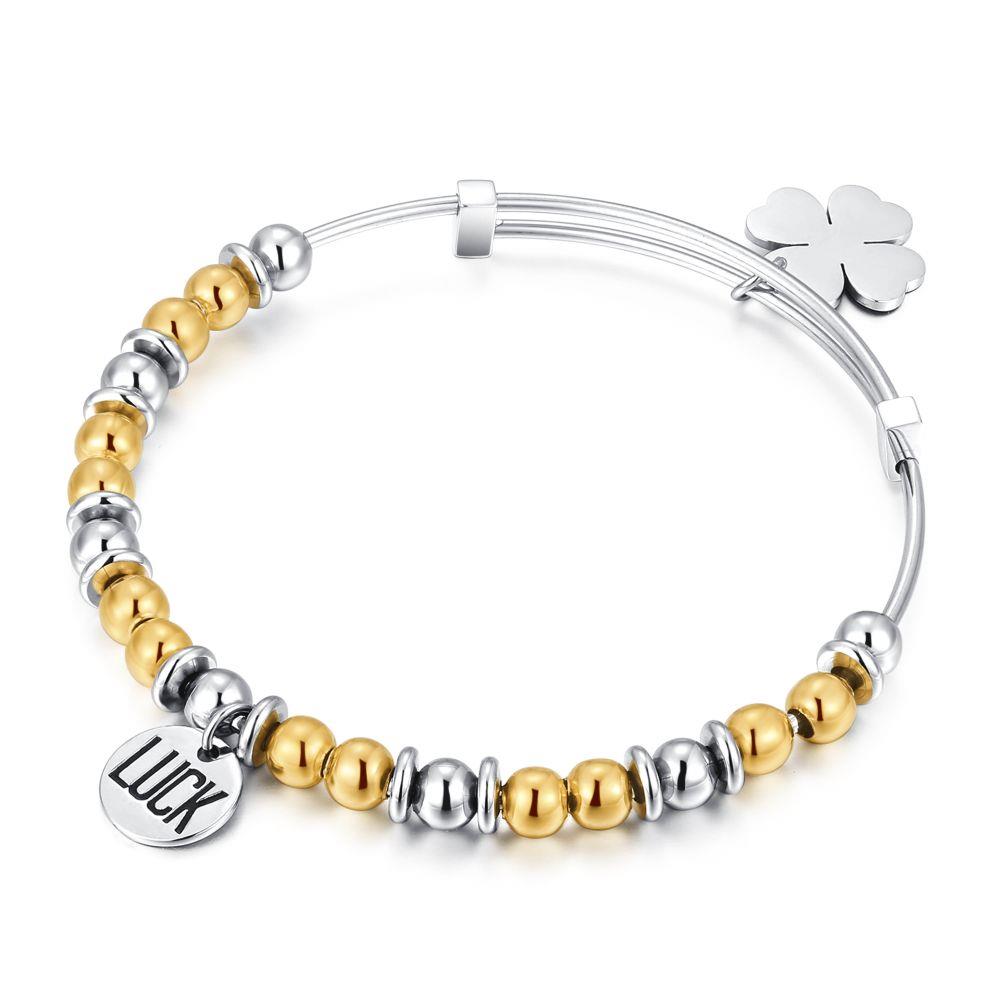 BRACCIALE HAPPY LUCK CON BOULE BIANCHE E DORATE E QUADRIFOGLIO - S