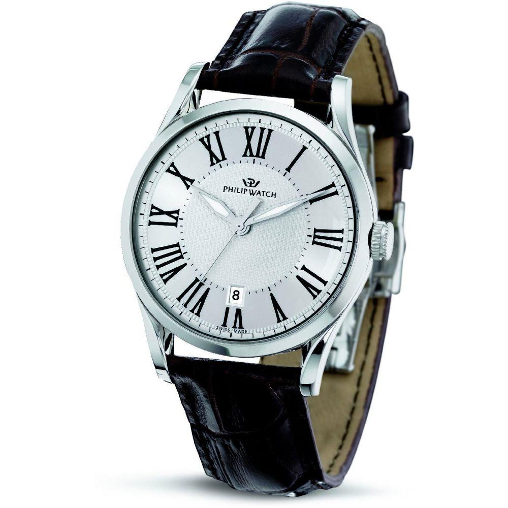 PHILIP WATCH SUNRAY 3H SILVER WHITE DIAL BROWN - PHILIP WATCH