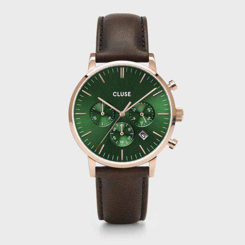 CLUSE ARAVIS CHRONO GREEN DIAL BROWN - CLUSE