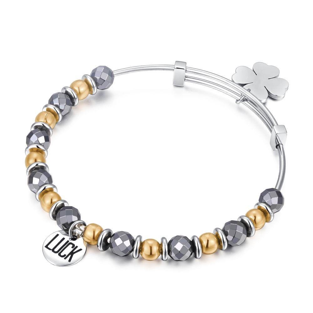 BRACCIALE HAPPY LUCK CON BOULE BRUNITE E ROS&Egrave; E QUADRIFOGLIO - S