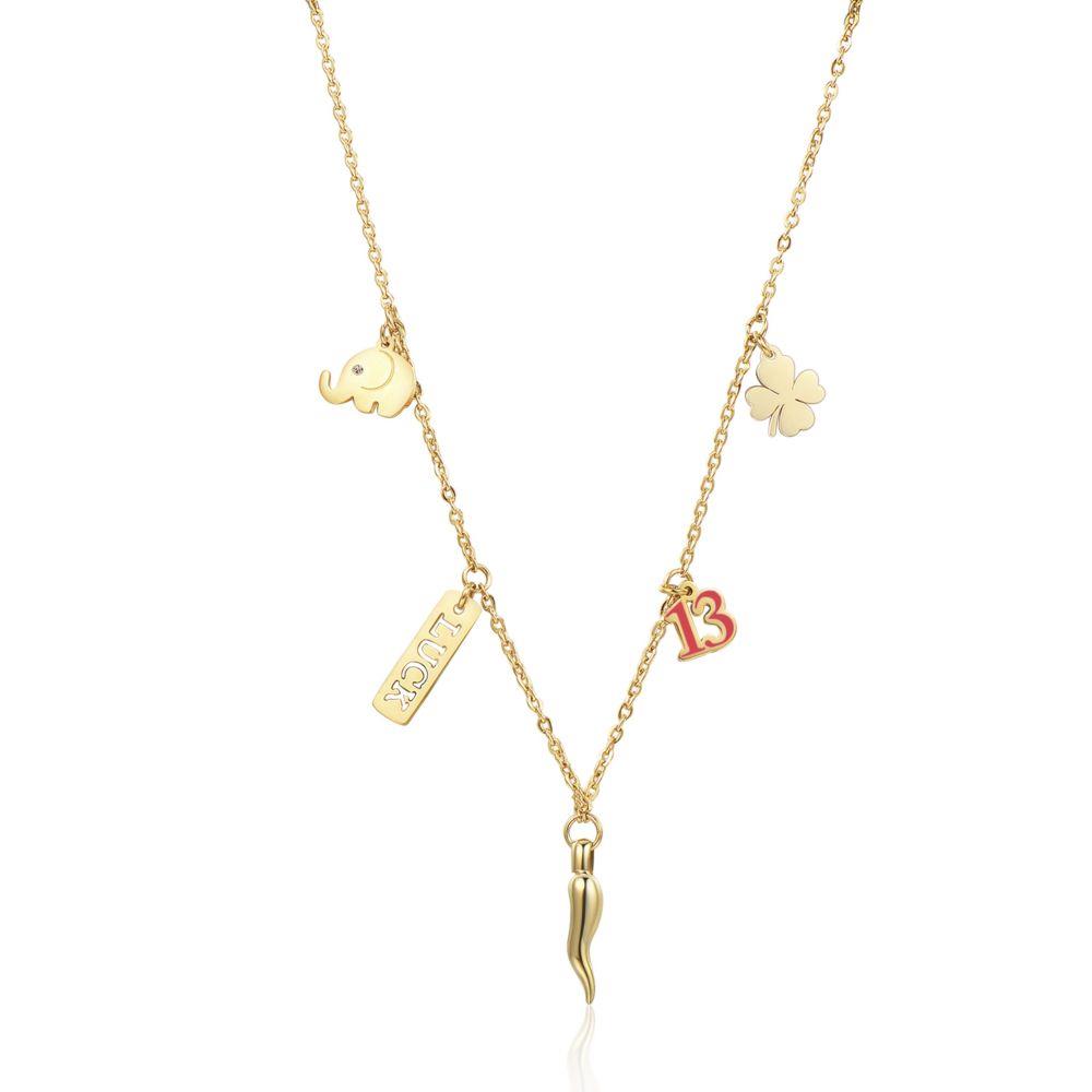 COLLANA IN ACCIAIO E PDV ORO CON ELEFANTE, TARGHETTA LUCK, CORNETTO E 13 - S