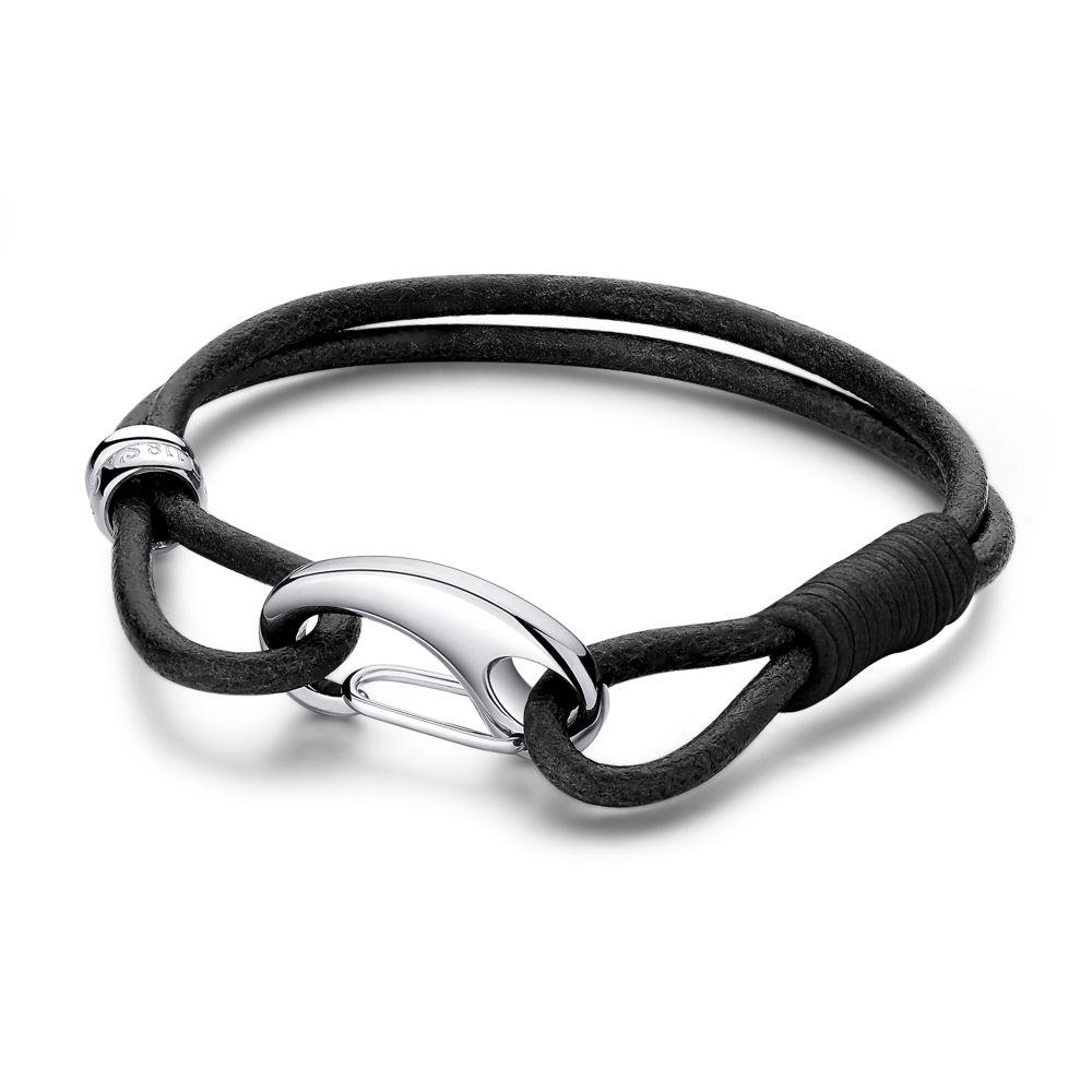 BRACCIALE HOOK IN PELLE NERA E ACCIAIO - S