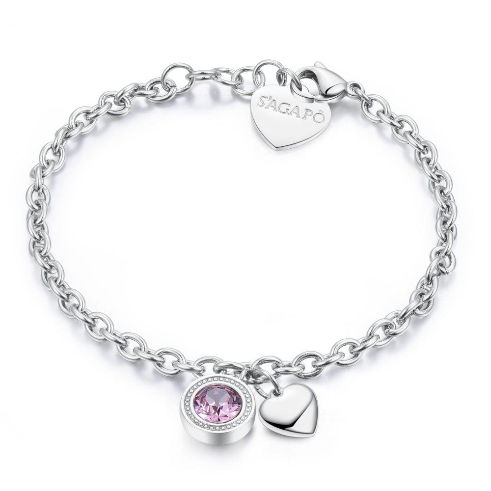 BRACCIALE IN ACCIAIO CON CUORE E CRISTALLO ROSA - S