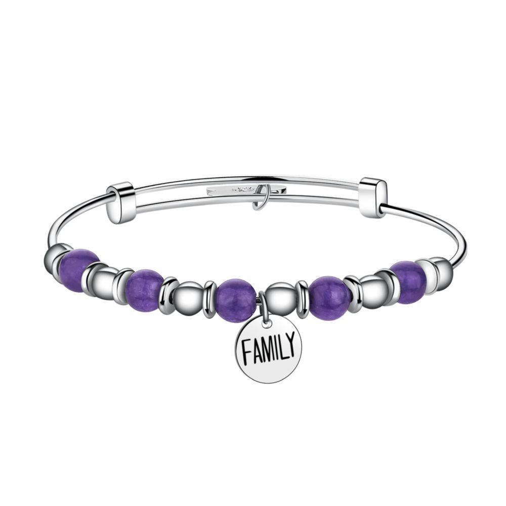 BRACCIALE RIGIDO CON BUOLE VIOLA E TARGHETTA "FAMILY" - S